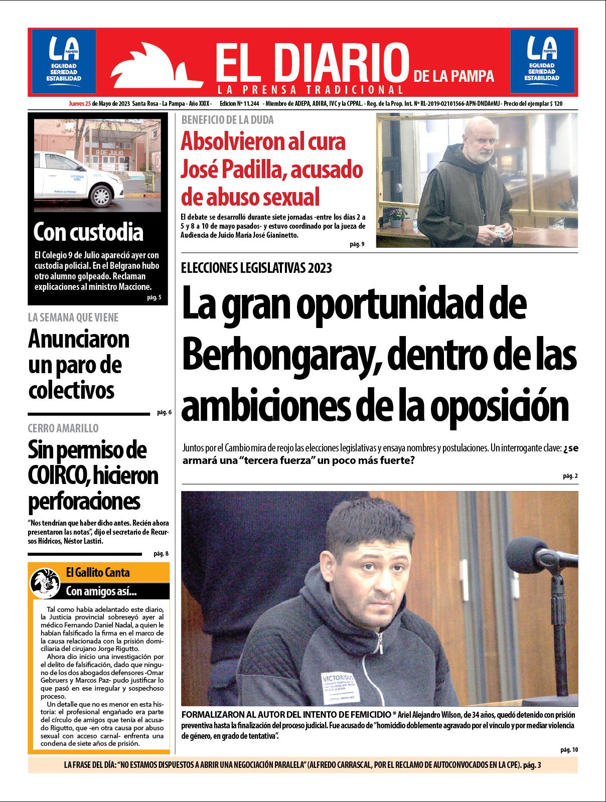 Tapa de El Diario en papel  jueves 25 de mayo de 2023